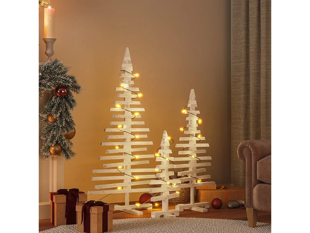 Arbres de Noël en bois pour décoration 3 pcs bois massif de pin