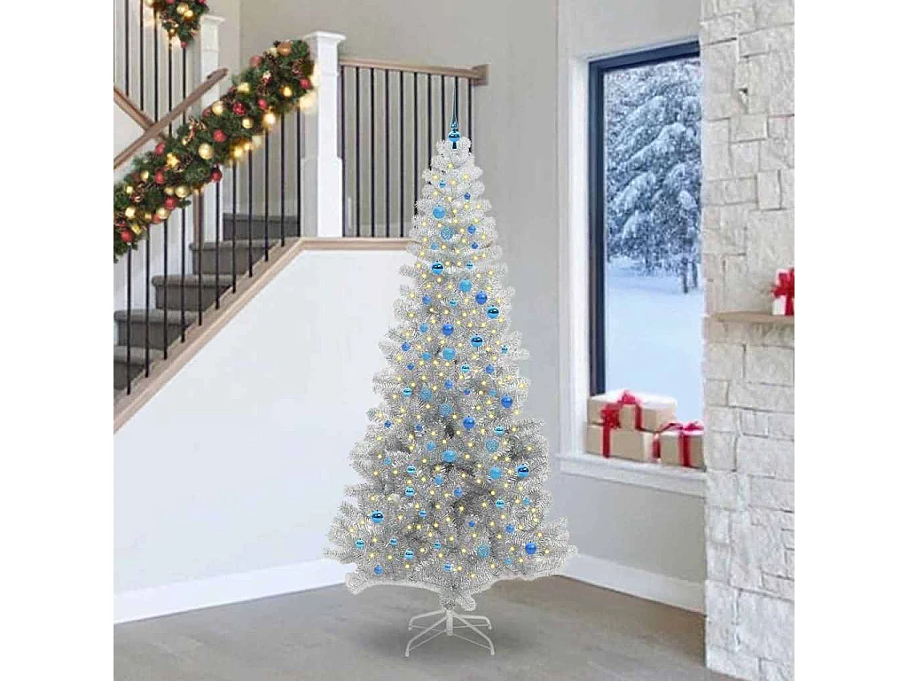 Sapin de Noël avec 300 LED avec support Argent 240 cm PET