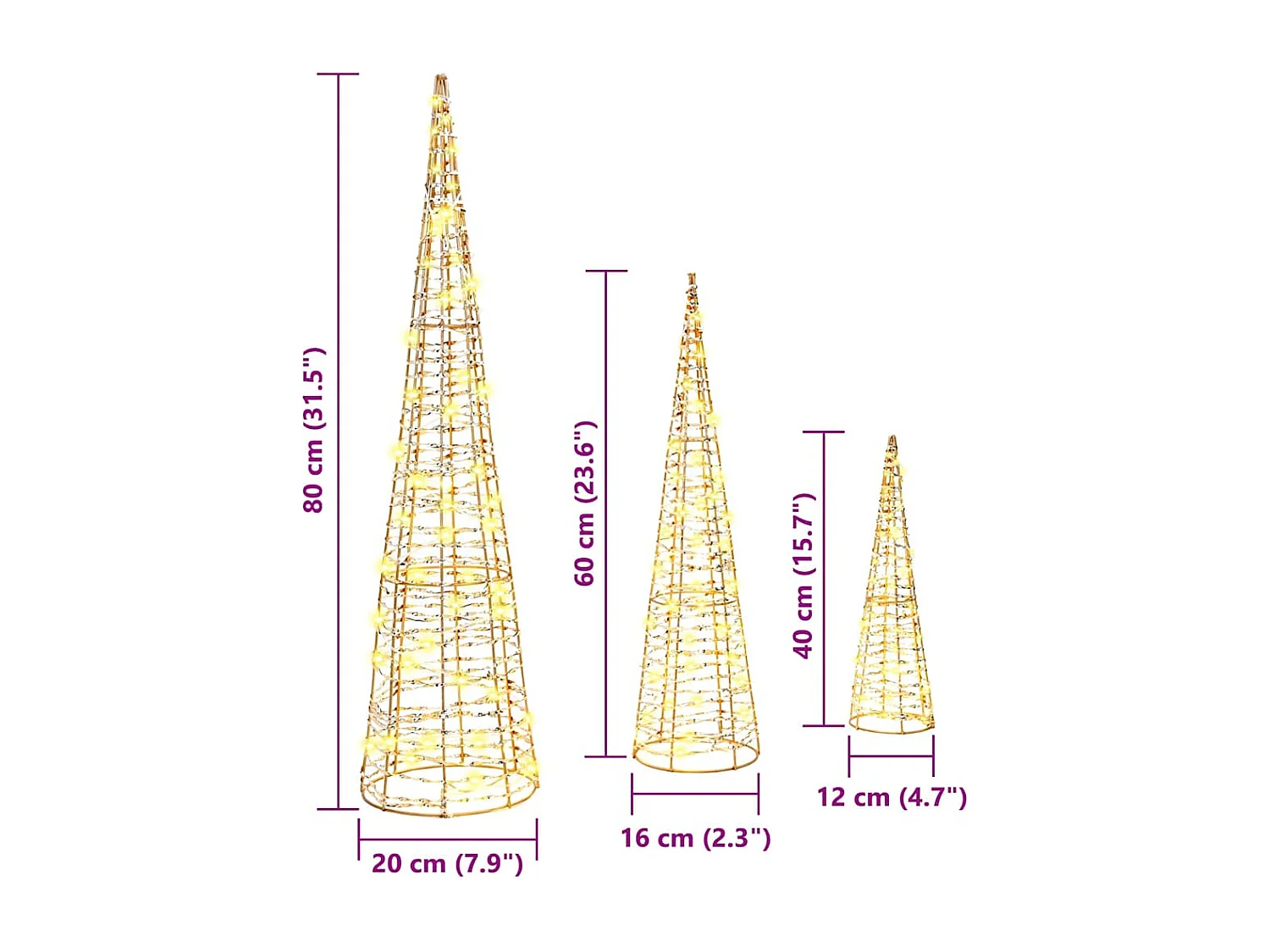 Sapin de Noël avec 90 LED 3 pcs Blanc chaud 20 x 20 x 80 cm PET