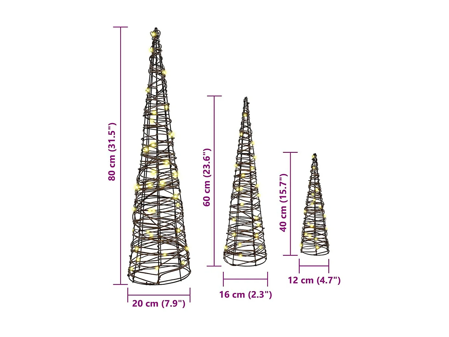 Albero di Natale 3 pezzi Bianco caldo 20 x 20 x 80 cm Rattan