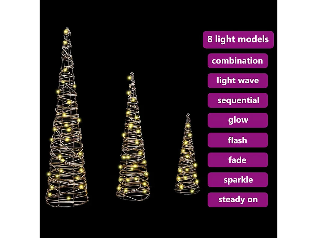 Sapin de Noël 3 pcs Blanc chaud 20 x 20 x 80 cm Rotin