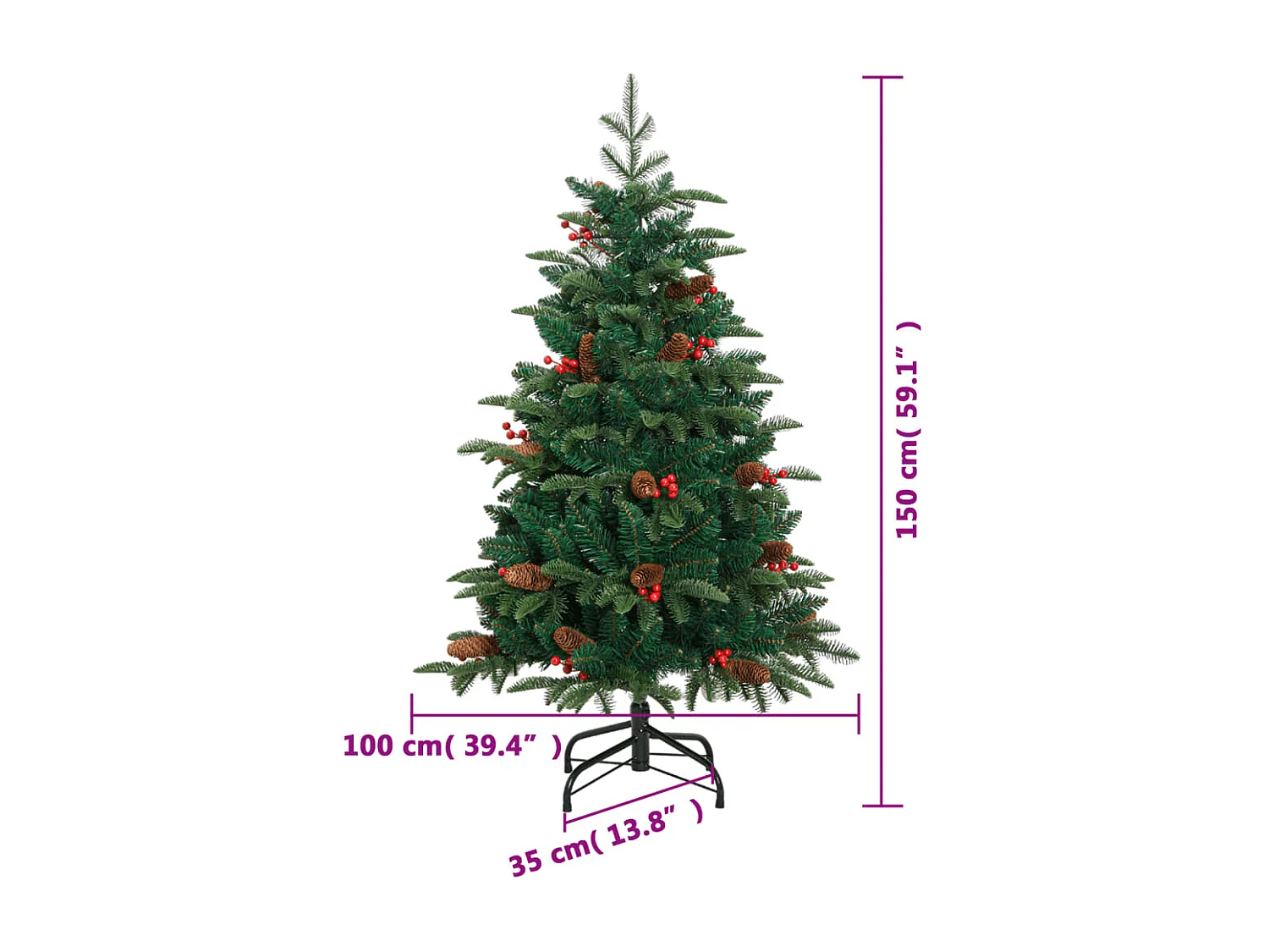 Albero di Natale artificiale con pigne e bacche 150 cm