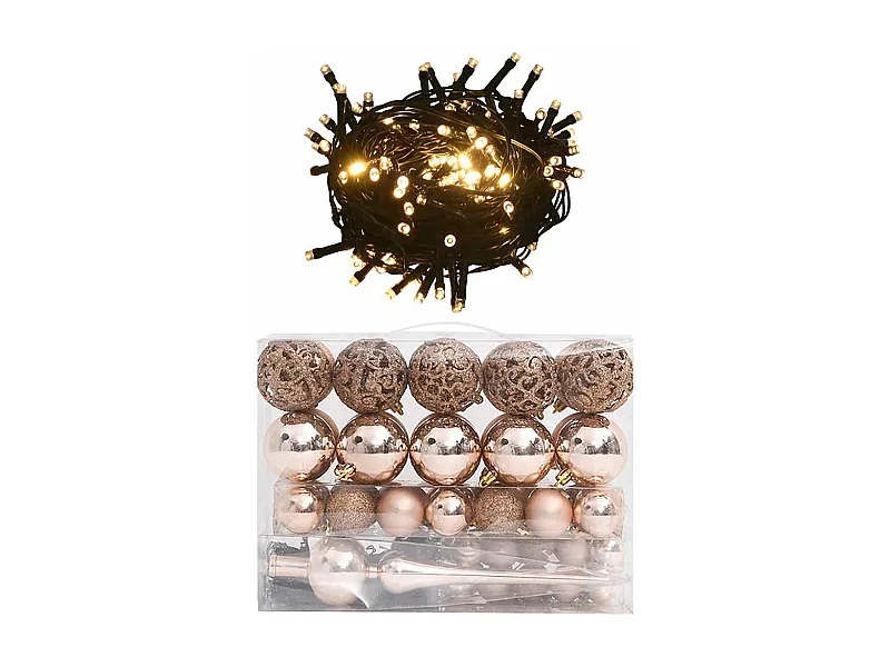 Set de boules de Noël avec pic et 150 LED 61 pcs Doré rose