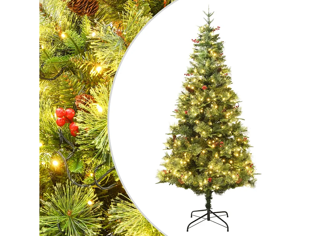 Voorverlichte kerstboom met groene dennenappels 225cm PVC en PE