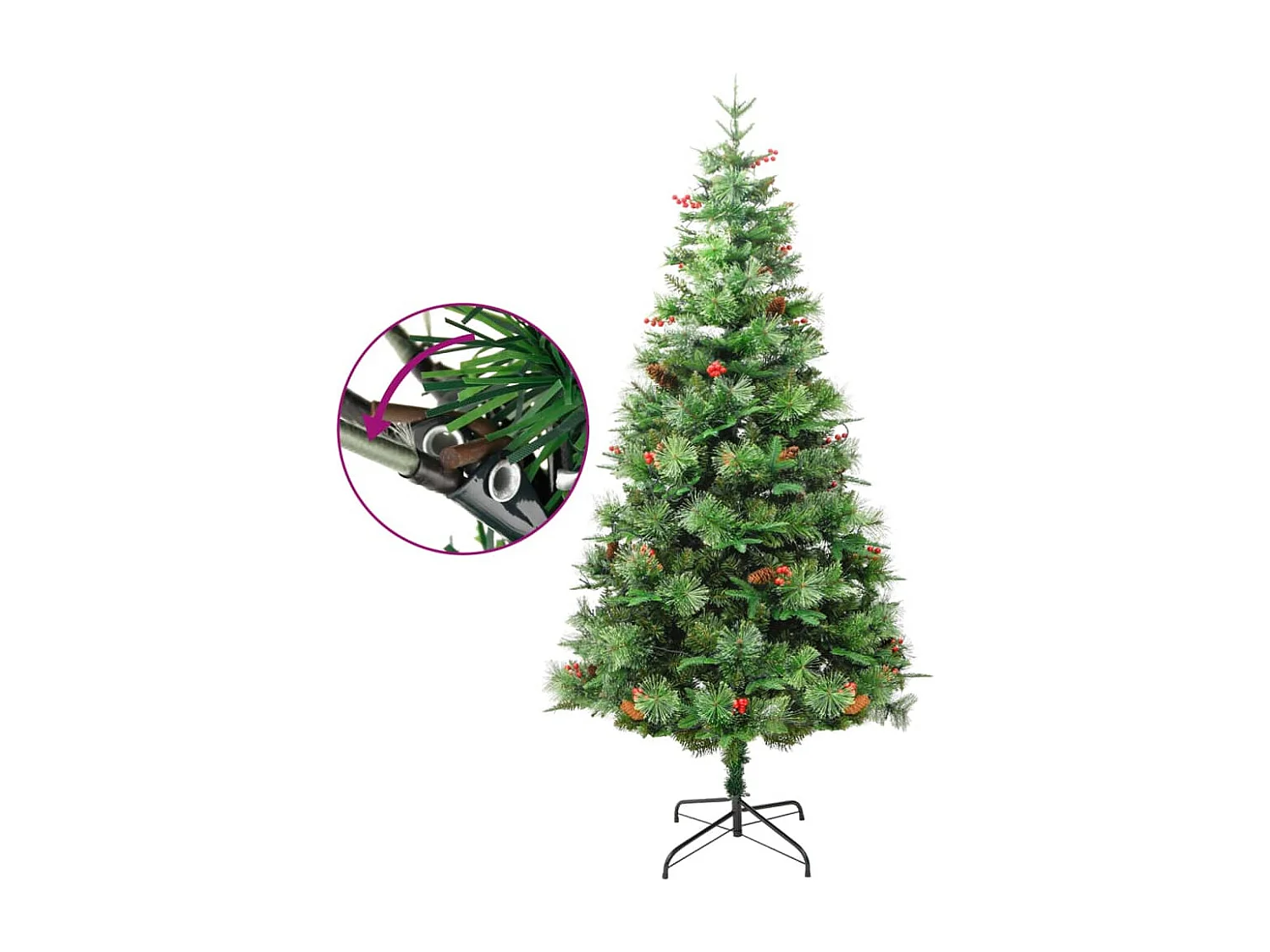 Voorverlichte kerstboom met groene dennenappels 225cm PVC en PE