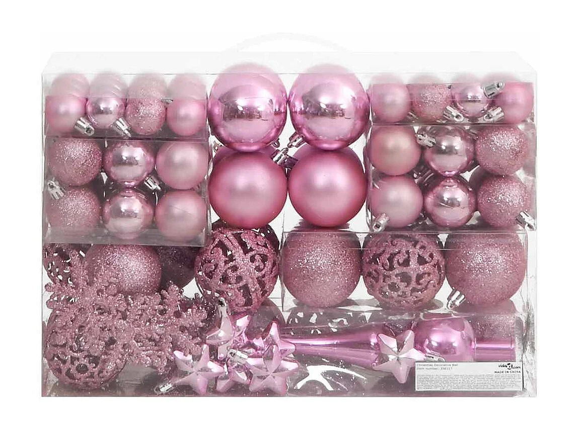 Ensemble de boules de Noël 111 pièces rose polystyrène
