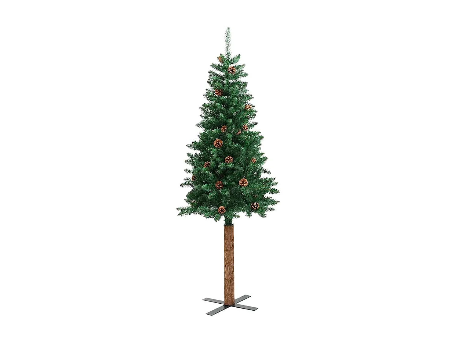 Albero di Natale sottile con vero legno e pigne verdi 150cm PVC