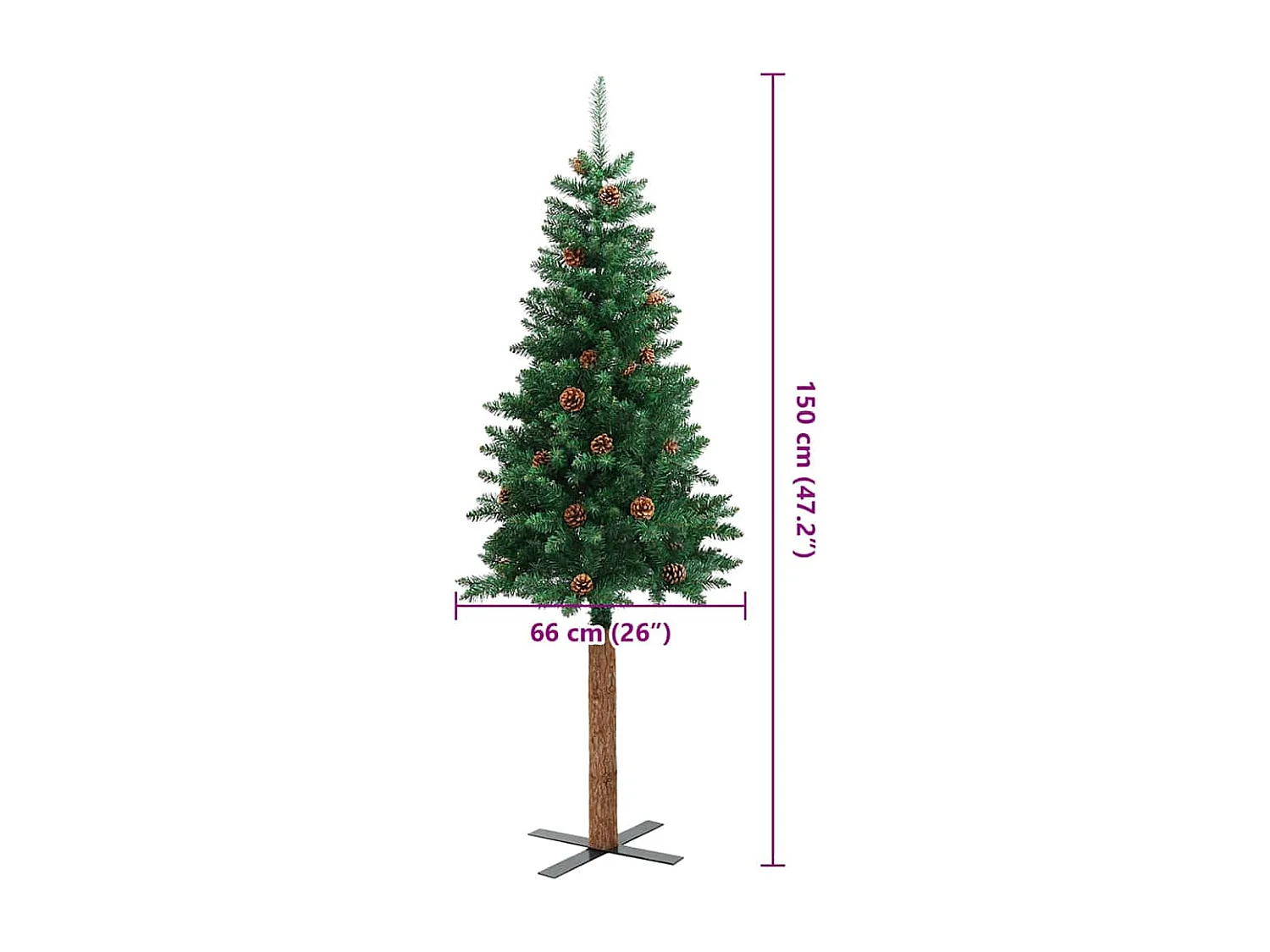 Albero di Natale sottile con vero legno e pigne verdi 150cm PVC