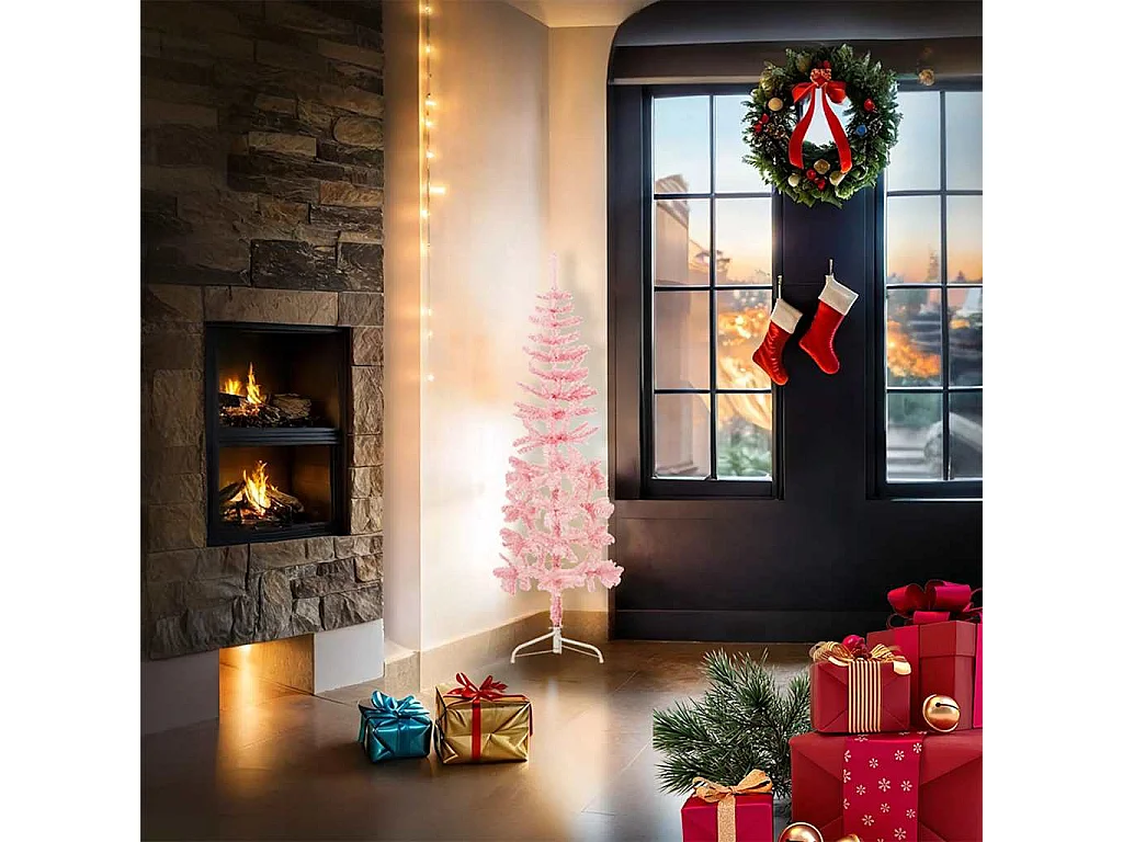 Halfslanke kunstkerstboom met standaard roze 120cm
