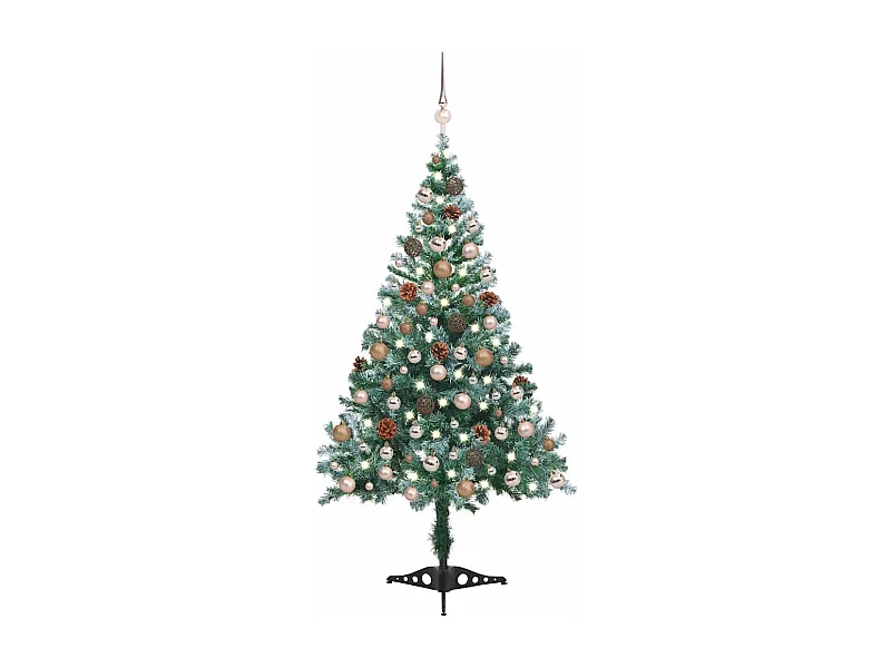 Arbre de Noël givré pré-éclairé et boules pommes de pin 150 cm
