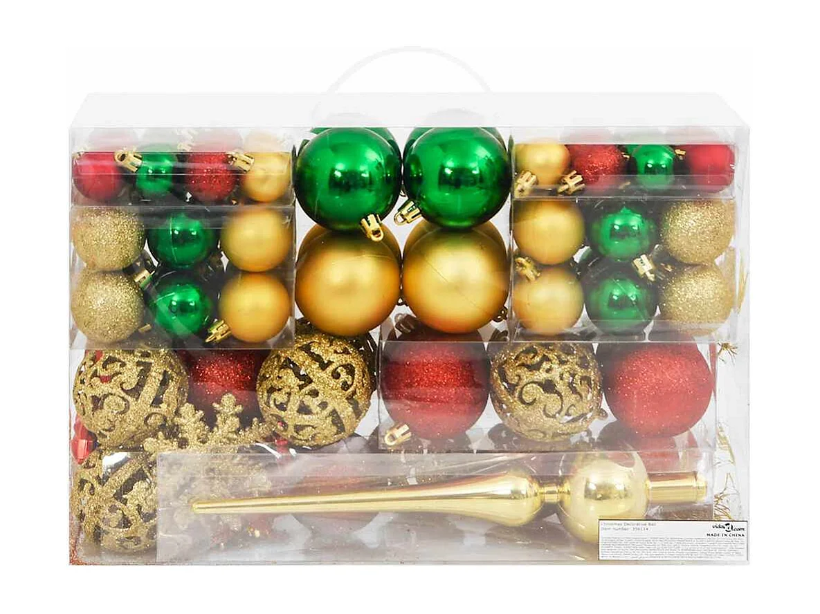 Ensemble de boules de Noël 112 pcs rouge vert doré polystyrène