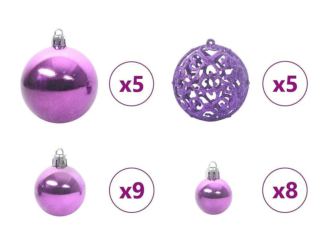 Set di palline di Natale con 150 LED, 61 pezzi, in plastica lilla