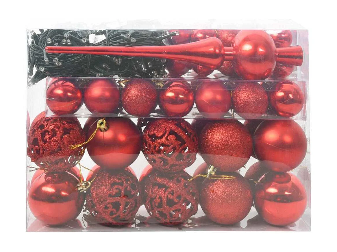 Set di palline di Natale con 150 LED, 61 pezzi, in plastica rossa