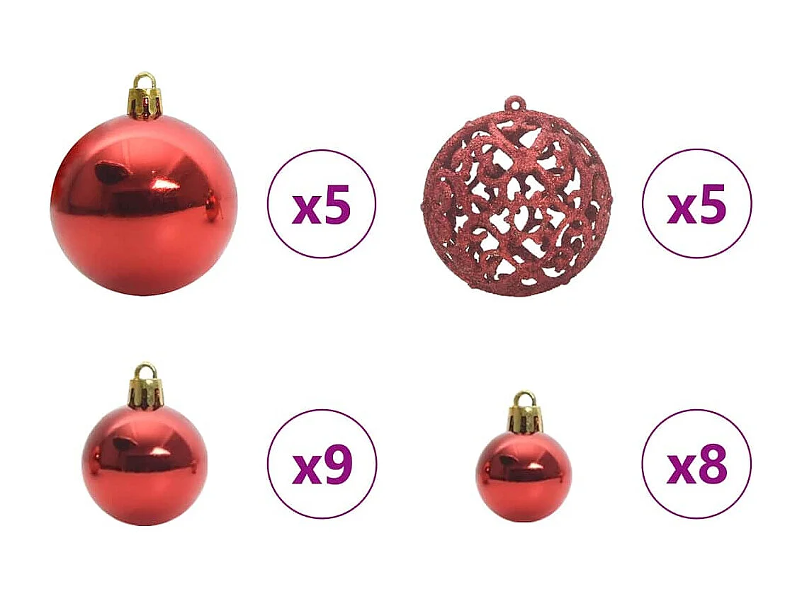 Set di palline di Natale con 150 LED, 61 pezzi, in plastica rossa