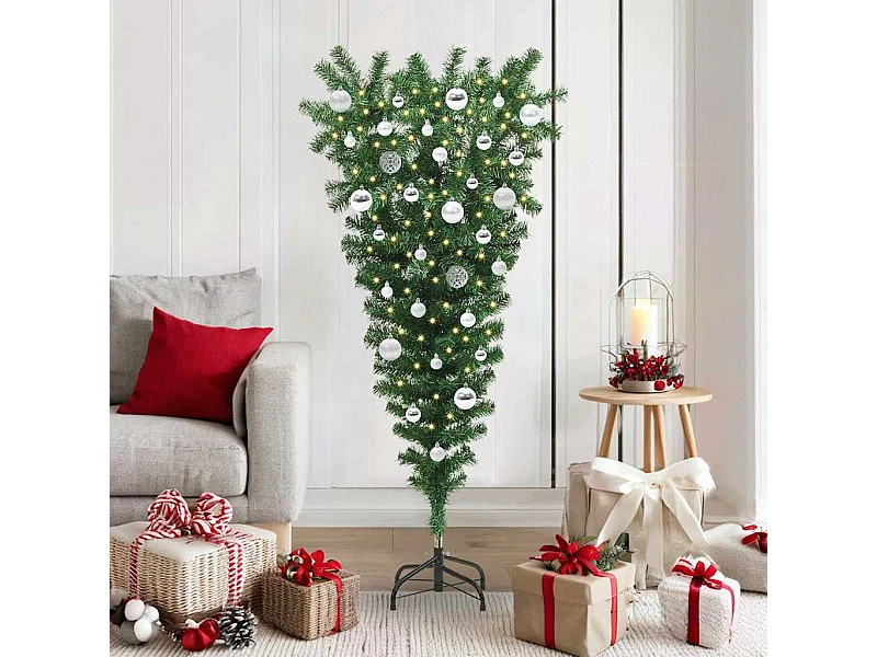 Albero di Natale artificiale capovolto preilluminato con set di palline