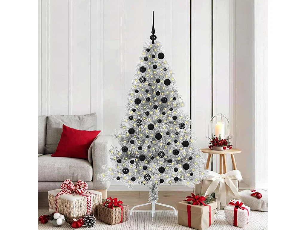 Voorverlichte kunstkerstboom zilver 180cm PET