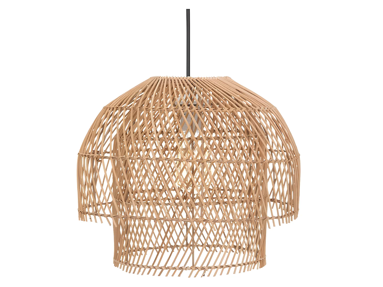 Lampe suspendue, Suspension luminaire en bois de rotin coloris beige et métal noir