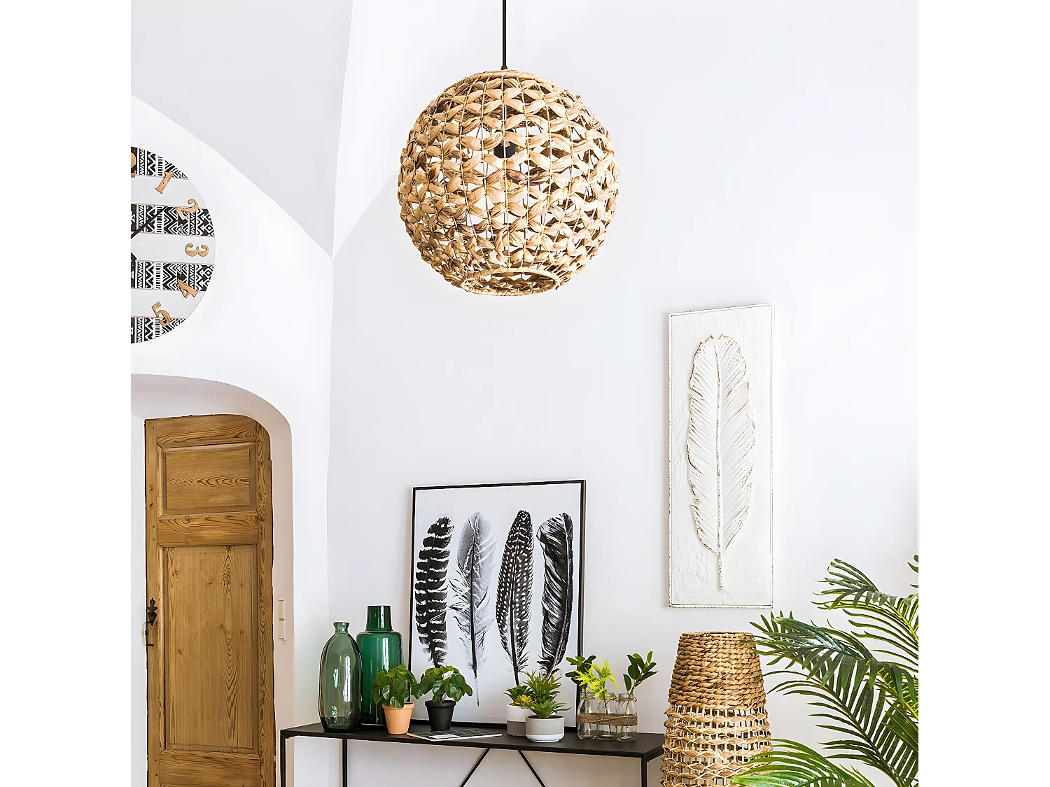 Lampe suspension en jacinthe coloris naturel - diamètre 38 x hauteur 36 cm