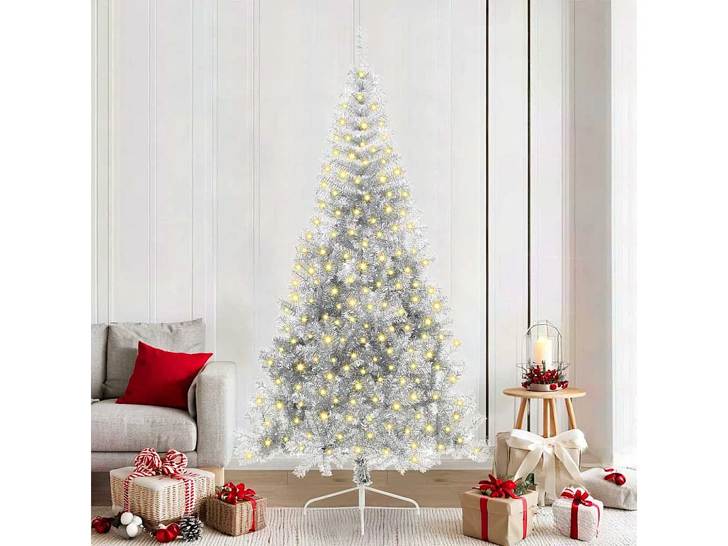 Sapin de Noël artificiel pré-éclairé Argent 210 cm PET