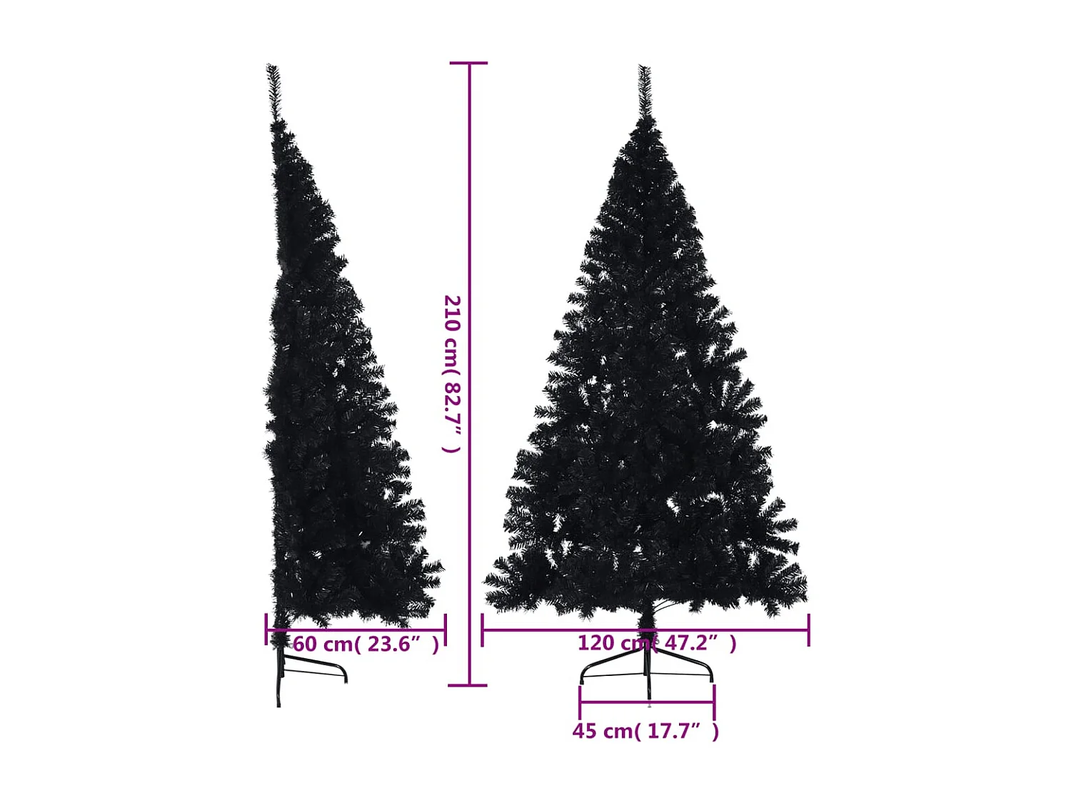 Demi sapin de Noël artificiel avec support Noir 210 cm PVC