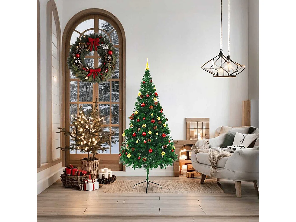 Voorverlichte kunstkerstboom met groene kerstballen 180 cm