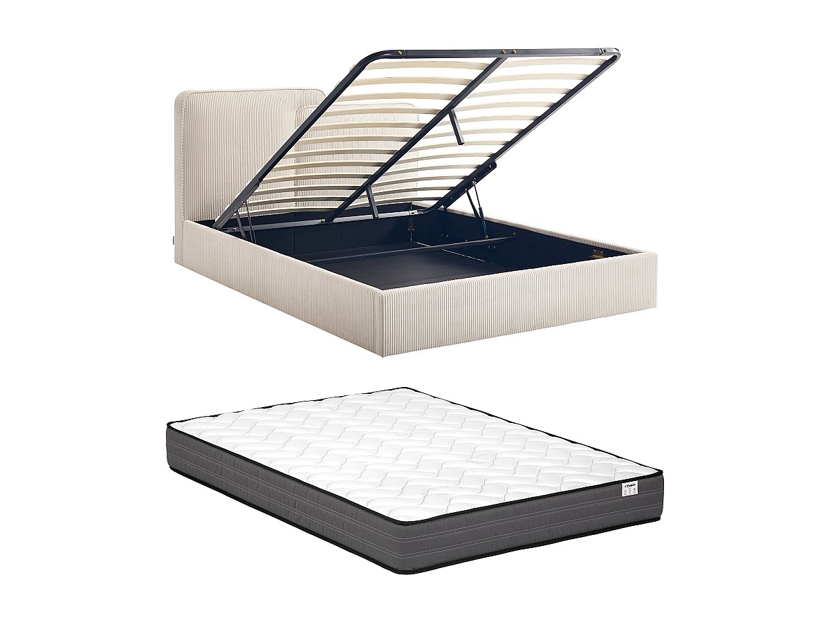 Bett mit Stauraum 160 x 200 cm + Matratze – Cordvelours – Beige – NAYOLA günstig online kaufen