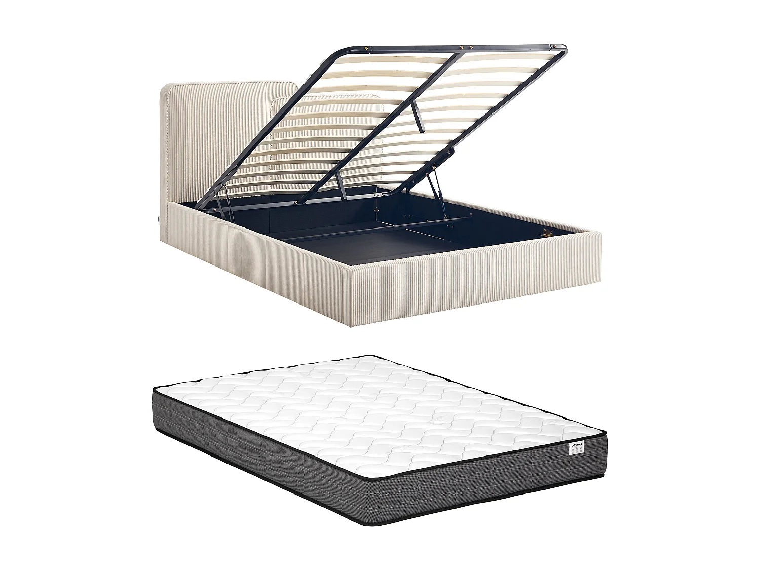 Bed met opbergruimte 160 x 200 cm - Ribfluweel - Beige + Matras - NAYOLA