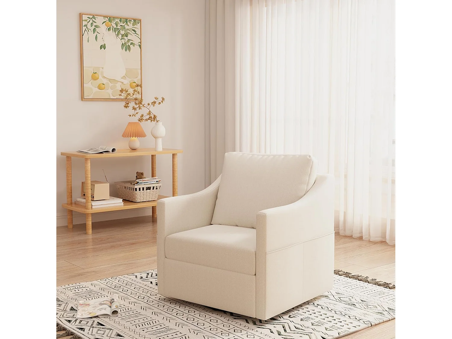 YODOLLA Drehsessel mit 360° Drehung & ergonomischer Rückenlehne, gemütlicher Loungesessel mit Metallgestell für Wohnzimmer & Büro, Beige