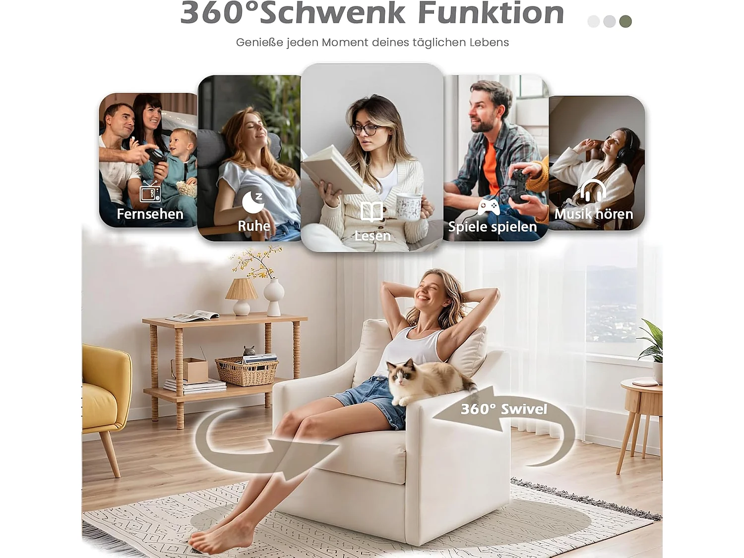YODOLLA Drehsessel mit 360° Drehung & ergonomischer Rückenlehne, gemütlicher Loungesessel mit Metallgestell für Wohnzimmer & Büro, Beige