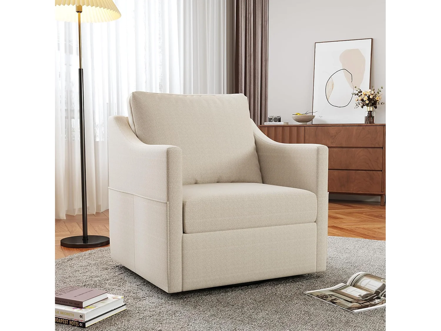 YODOLLA Drehsessel mit 360° Drehung & ergonomischer Rückenlehne, gemütlicher Loungesessel mit Metallgestell für Wohnzimmer & Büro, Beige