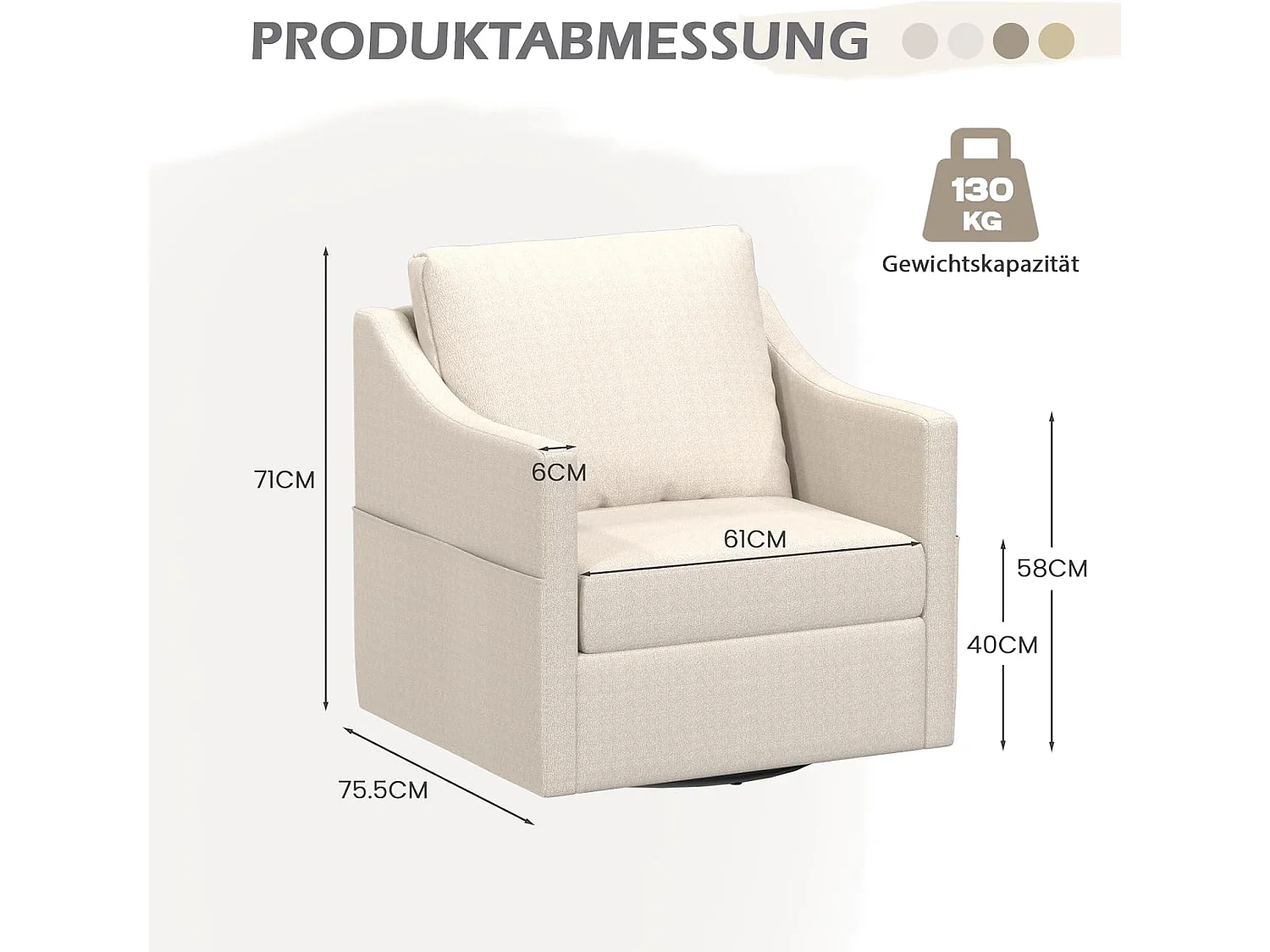 YODOLLA Drehsessel mit 360° Drehung & ergonomischer Rückenlehne, gemütlicher Loungesessel mit Metallgestell für Wohnzimmer & Büro, Beige