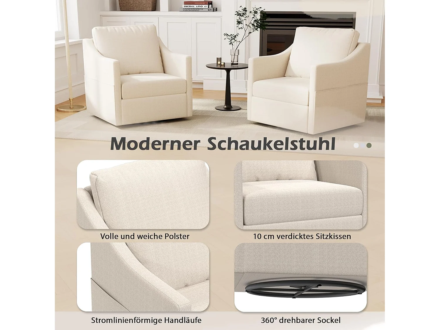 YODOLLA Drehsessel mit 360° Drehung & ergonomischer Rückenlehne, gemütlicher Loungesessel mit Metallgestell für Wohnzimmer & Büro, Beige