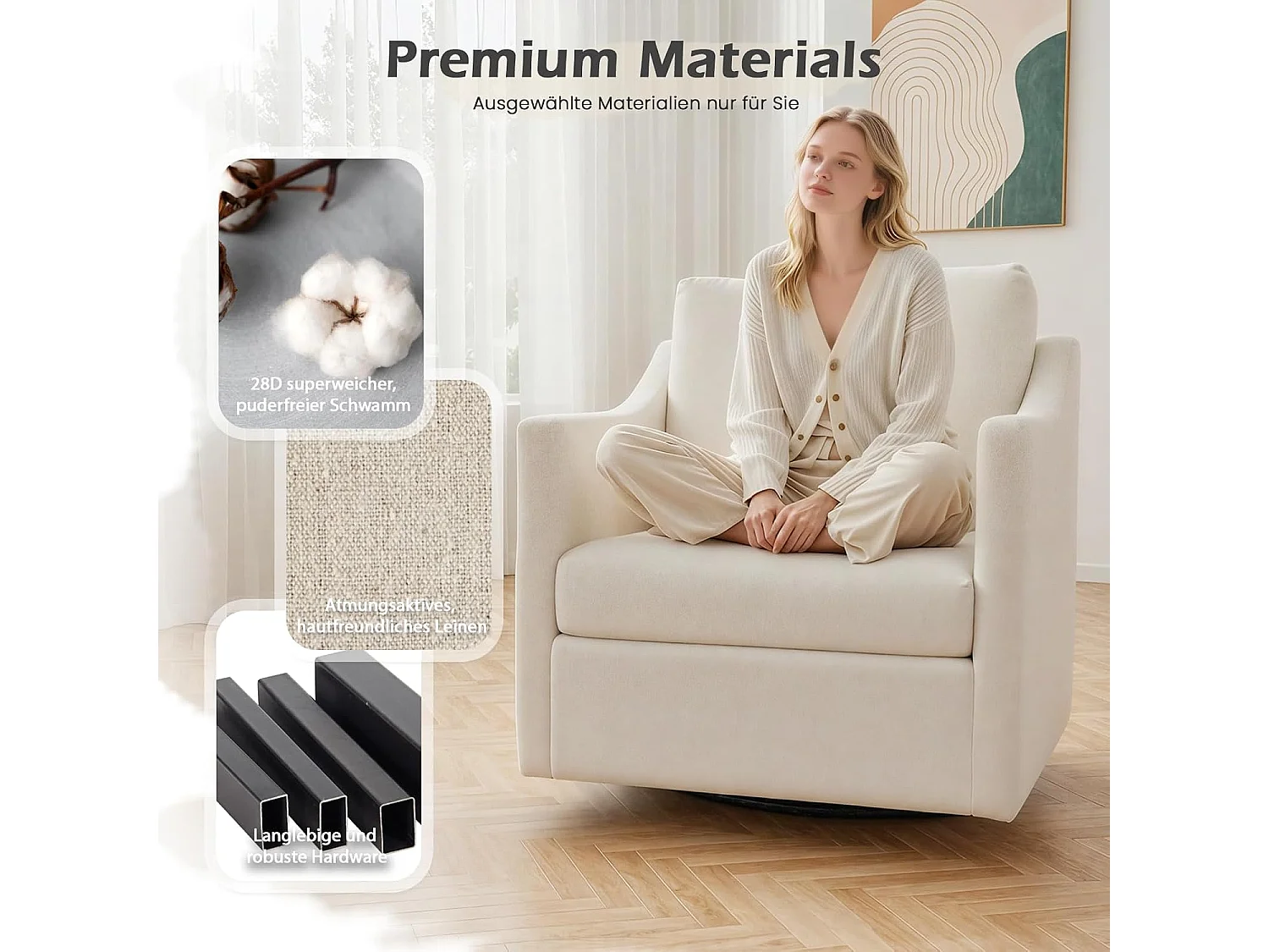 YODOLLA Drehsessel mit 360° Drehung & ergonomischer Rückenlehne, gemütlicher Loungesessel mit Metallgestell für Wohnzimmer & Büro, Beige