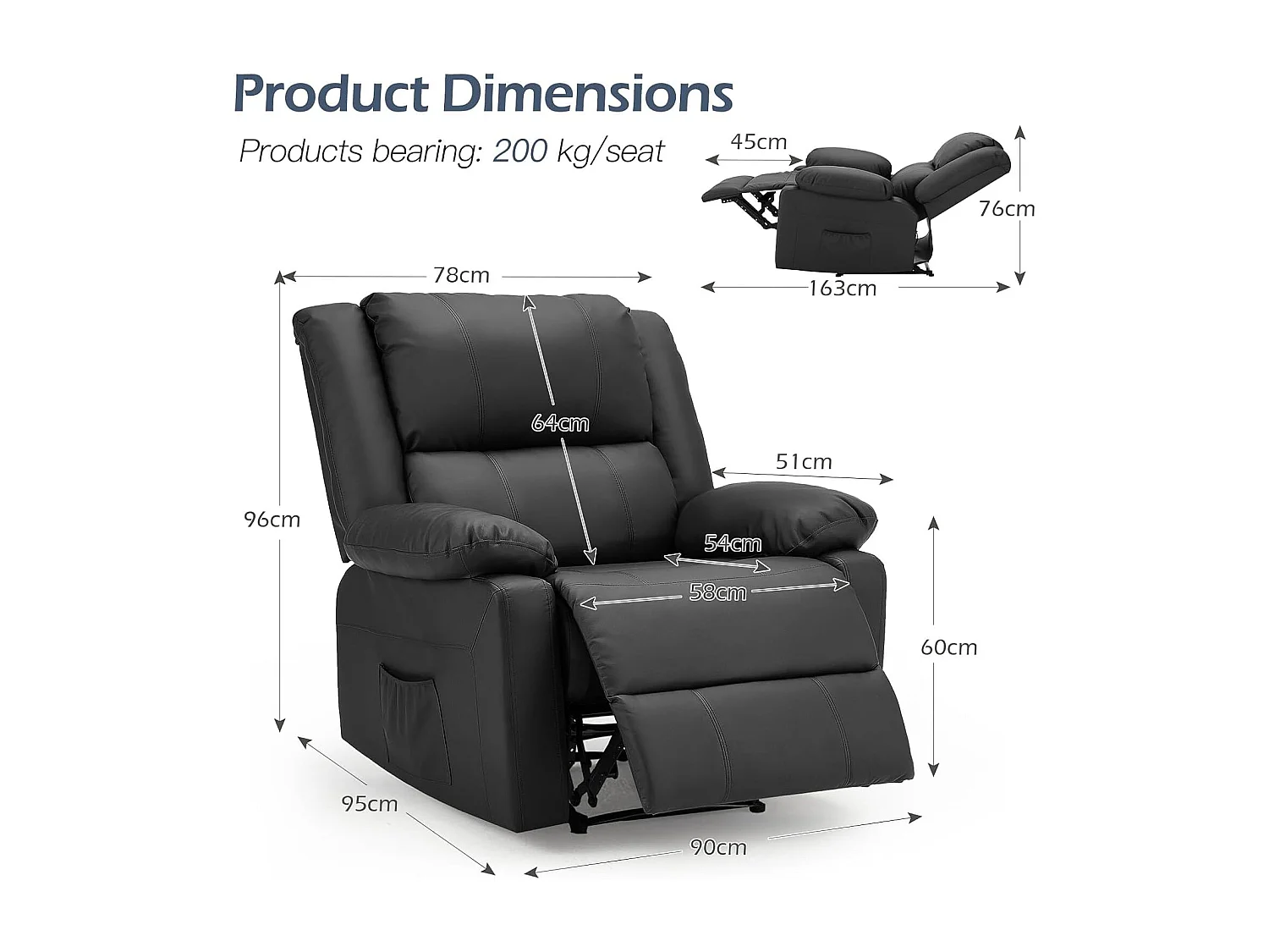 YODOLLA Relaxsessel mit Liegefunktion, ergonomischer Fernsehsessel bis 150kg belastbar, aus Kunstleder mit manueller Steuerung, Seitentaschen & Fußteil, Schwarz