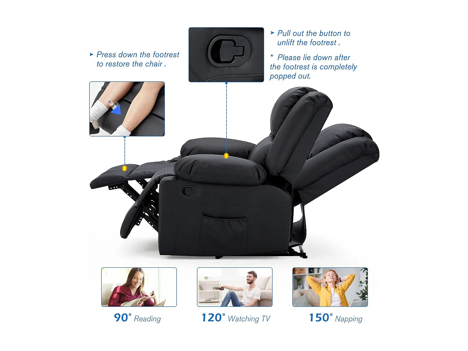 YODOLLA Relaxsessel mit Liegefunktion, ergonomischer Fernsehsessel bis 150kg belastbar, aus Kunstleder mit manueller Steuerung, Seitentaschen & Fußteil, Schwarz