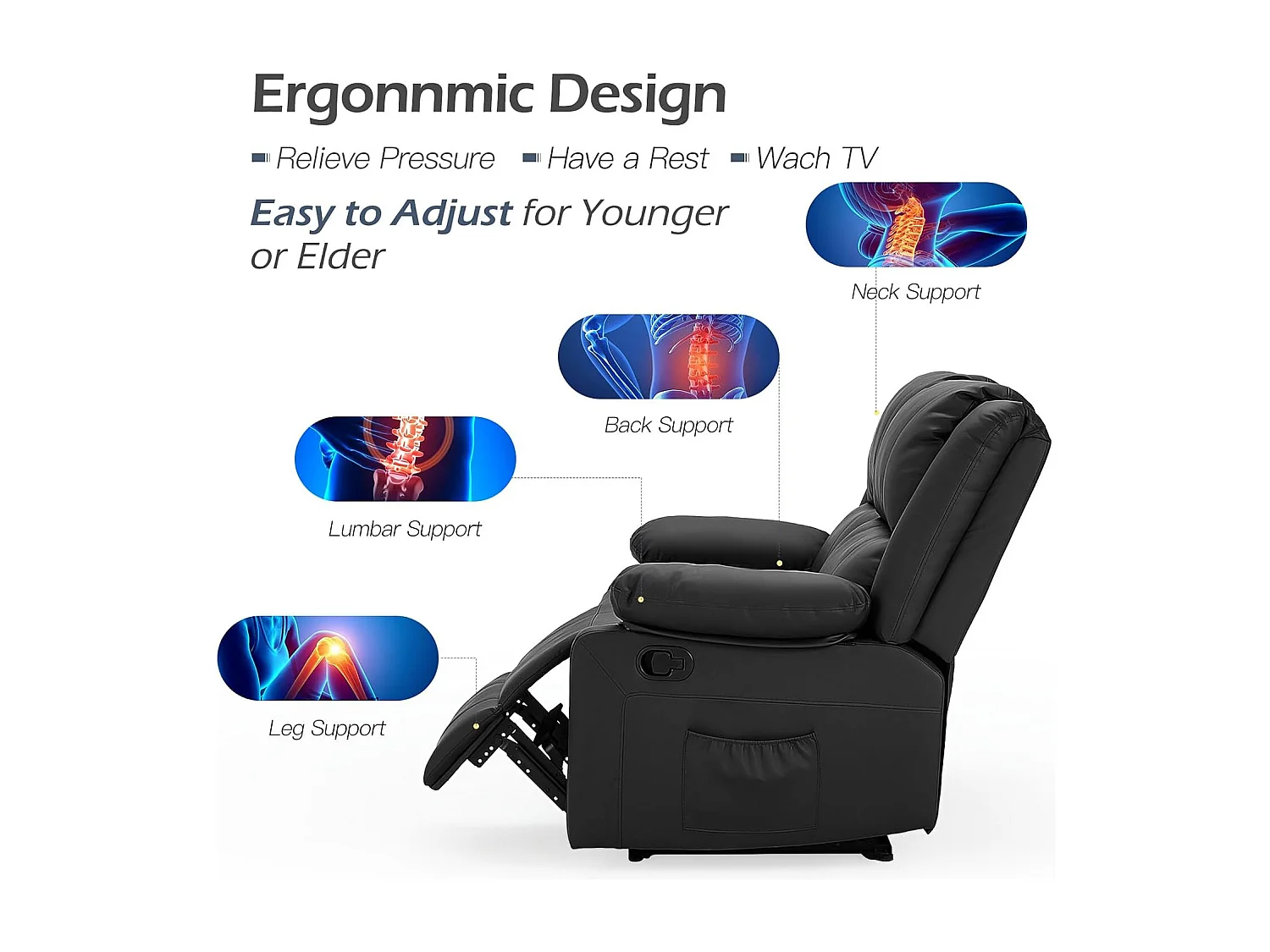 YODOLLA Relaxsessel mit Liegefunktion, ergonomischer Fernsehsessel bis 150kg belastbar, aus Kunstleder mit manueller Steuerung, Seitentaschen & Fußteil, Schwarz