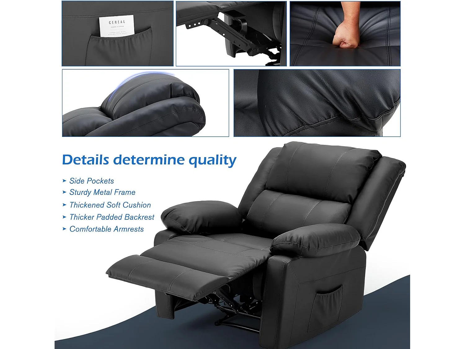 YODOLLA Relaxsessel mit Liegefunktion, ergonomischer Fernsehsessel bis 150kg belastbar, aus Kunstleder mit manueller Steuerung, Seitentaschen & Fußteil, Schwarz