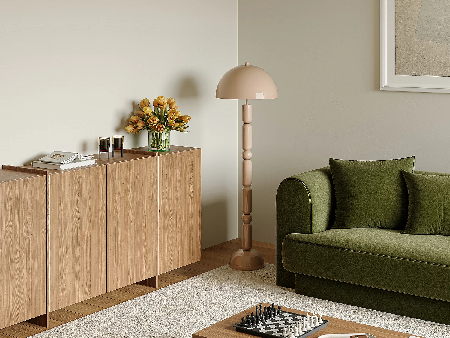 Lampadaire champignon en métal - D. 45 x H. 147 cm - Beige brillant - ELDON