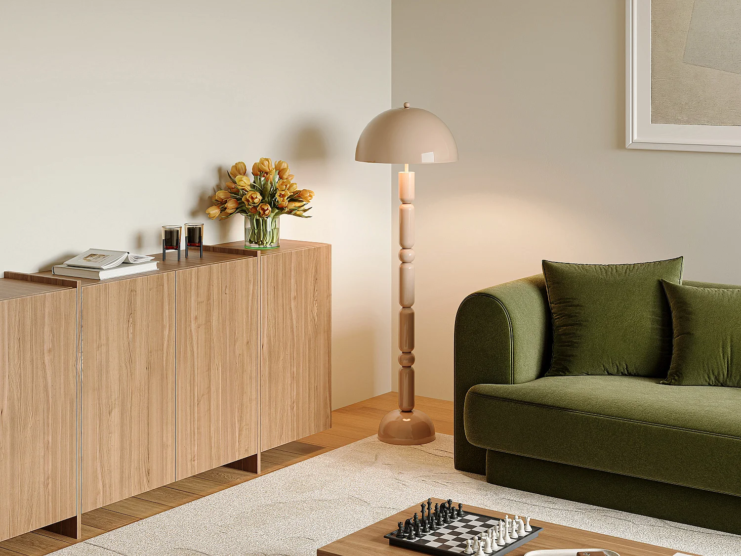 Lampadaire champignon en métal - D. 45 x H. 147 cm - Beige brillant - ELDON