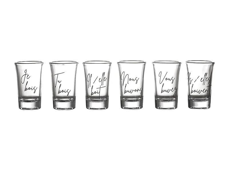 Set de 6 verres à shot en verre avec message "Conjugaison du verbe boire" (45 ml)