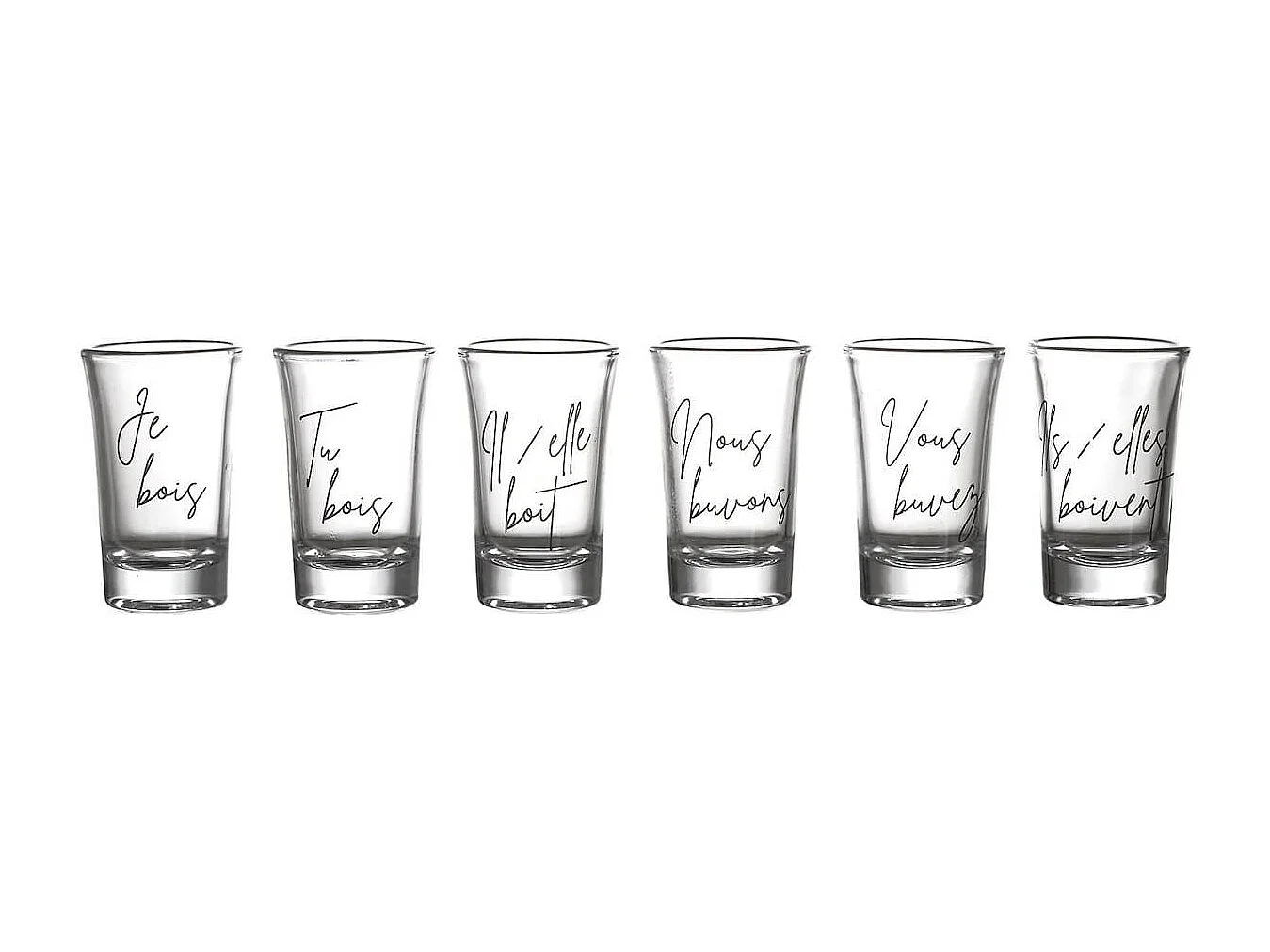 Set de 6 verres à shot en verre avec message "Conjugaison du verbe boire" (45 ml)