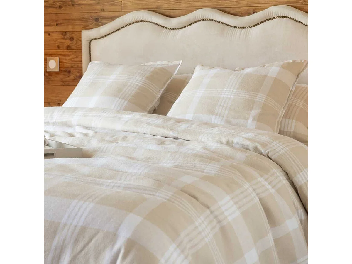 Housse de couette 260x240cm  en flanelle de coton à carreaux marron et bleu - HILDAS