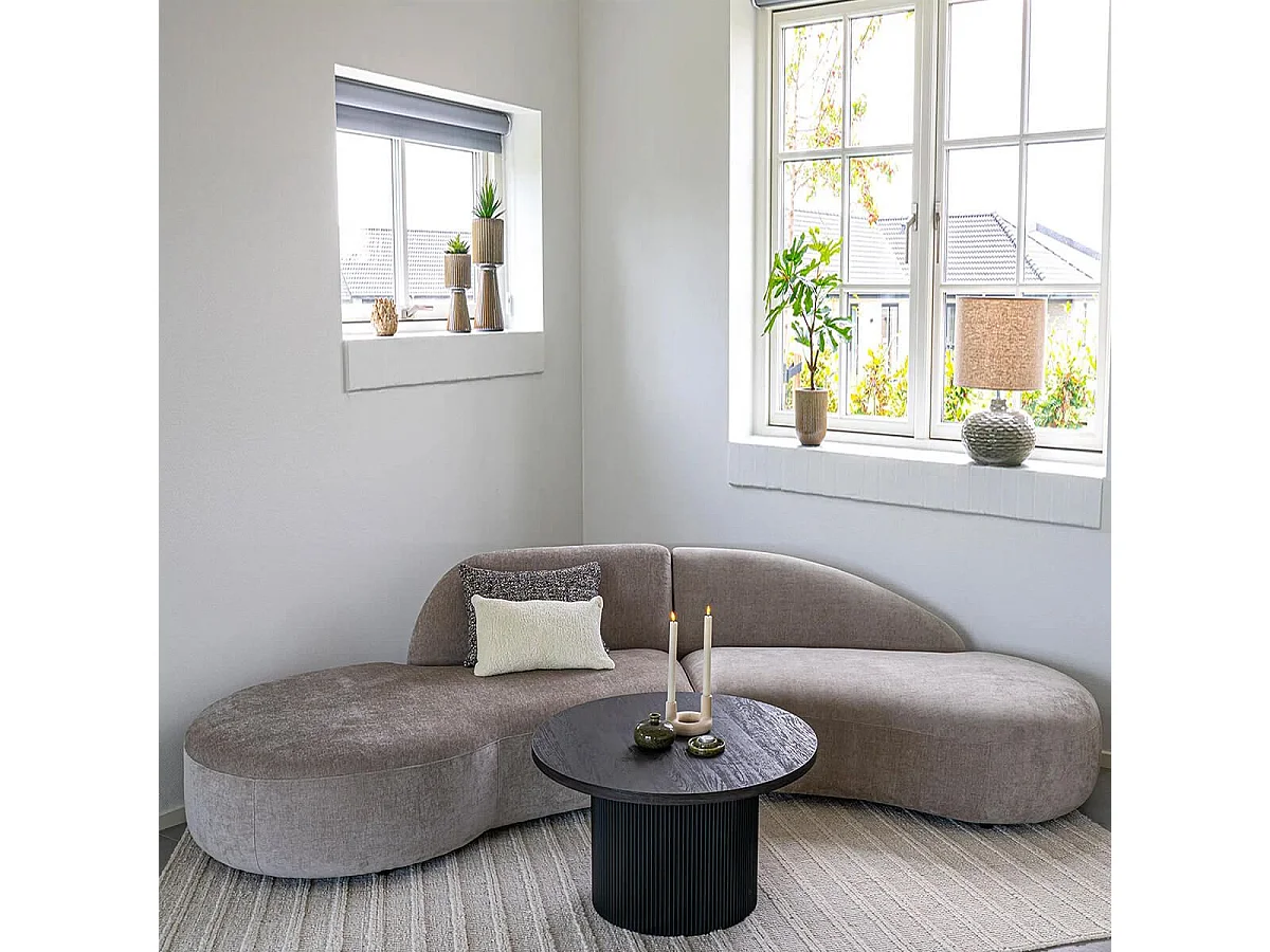 GONDAL - Canapé d'angle Arrondi Tissu Beige avec 2 Coussins Déco