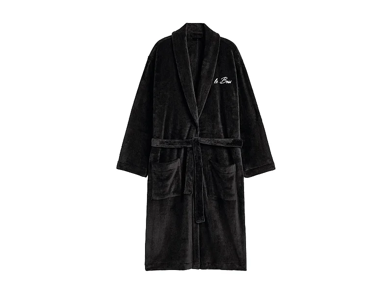 Robe de chambre polaire noire pour homme avec broderie "Le Boss"