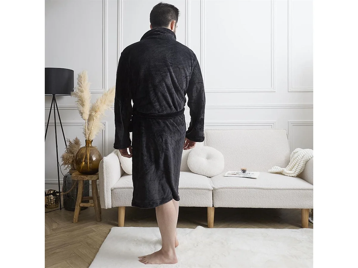 Robe de chambre polaire noire pour homme avec broderie "Le Boss"