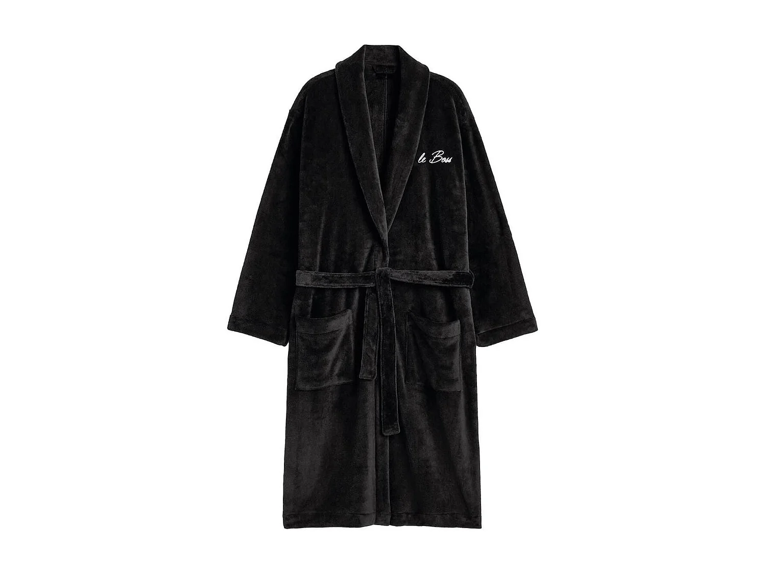Robe de chambre polaire noire pour homme avec broderie "Le Boss"