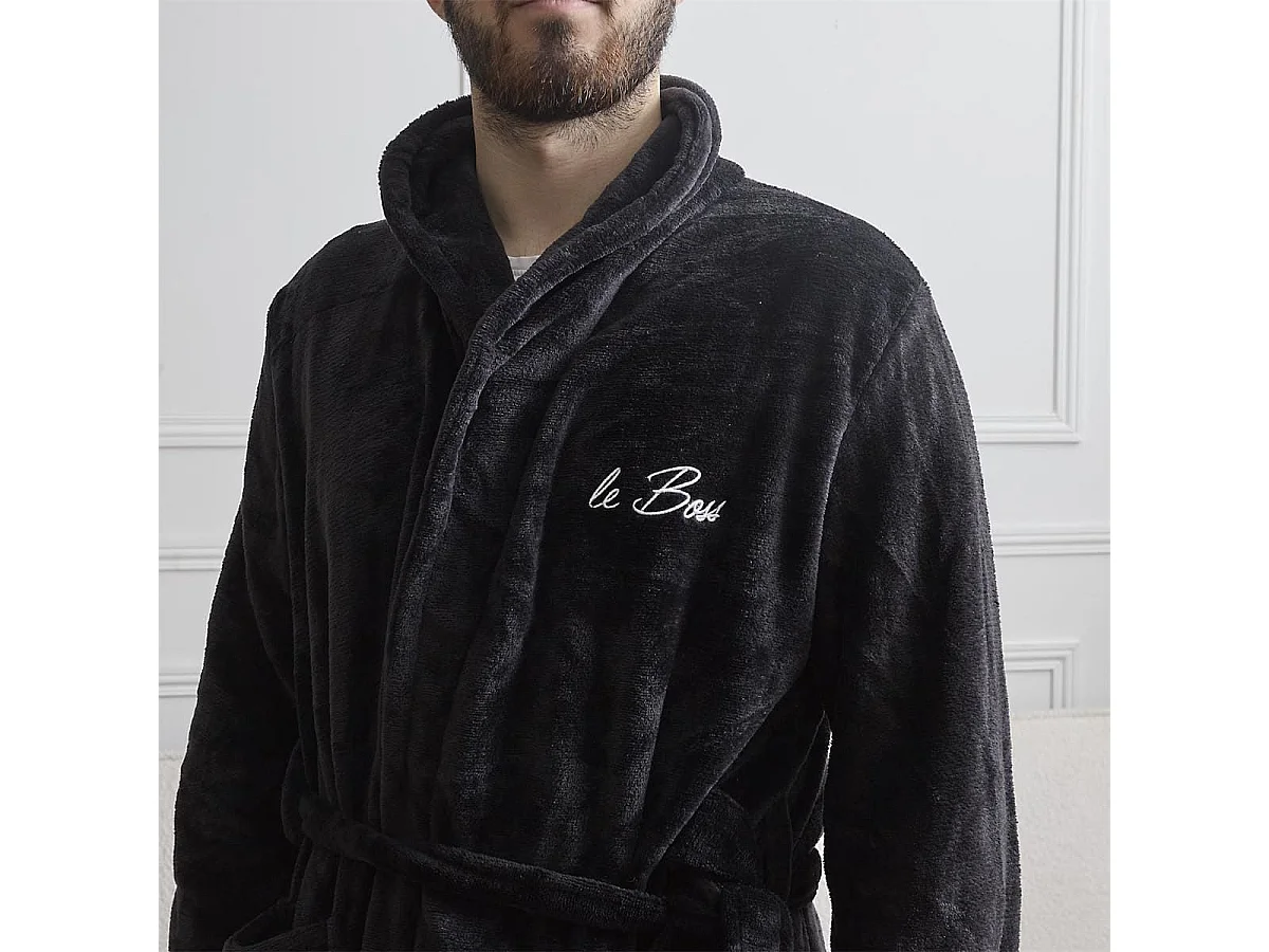 Robe de chambre polaire noire pour homme avec broderie "Le Boss"
