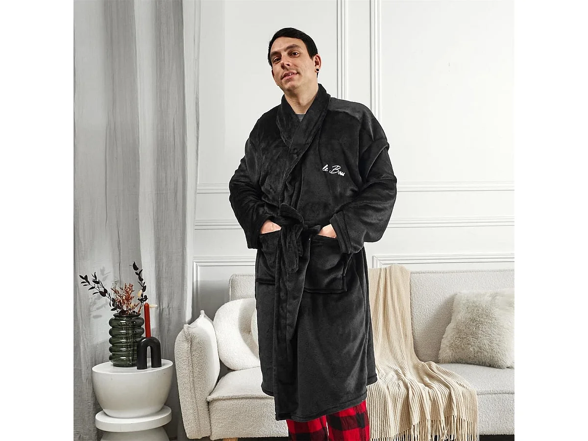 Robe de chambre polaire noire pour homme avec broderie "Le Boss"