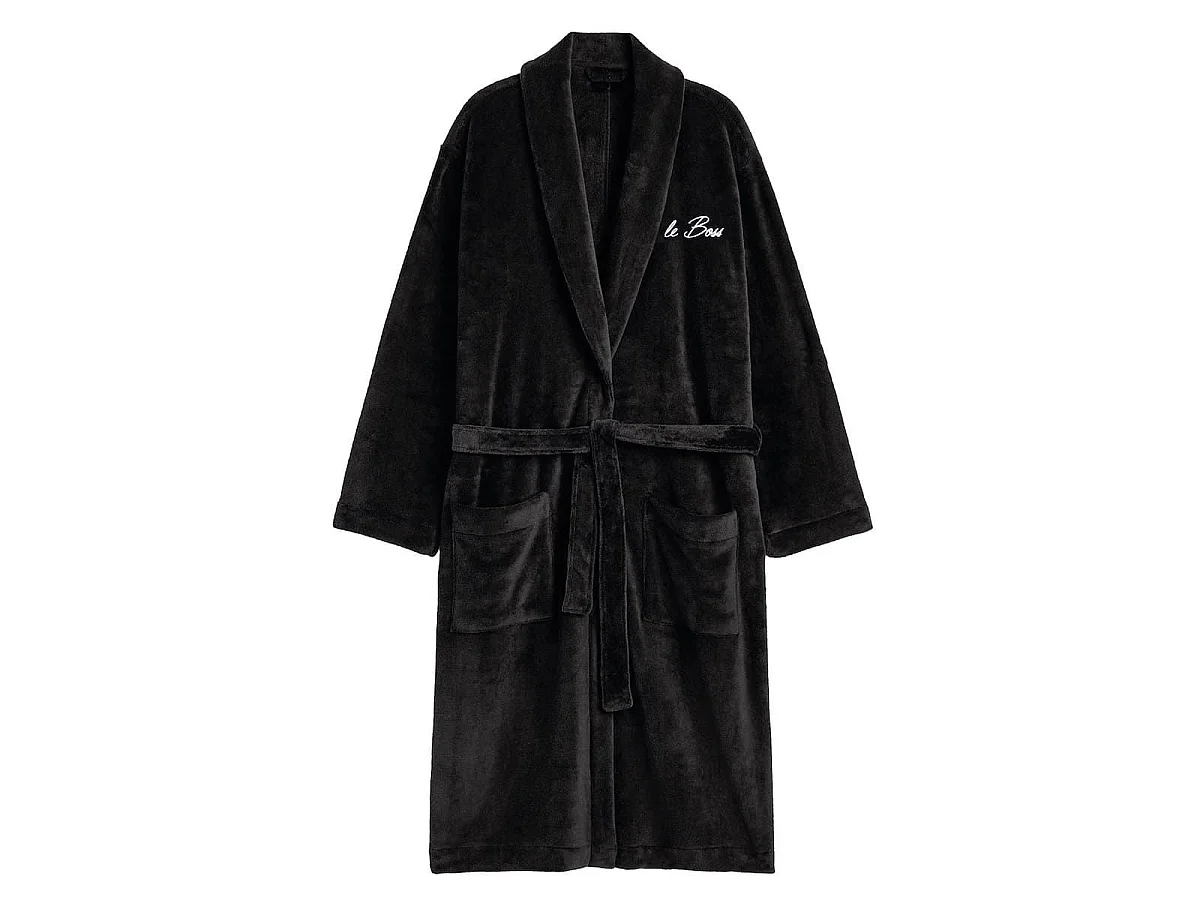 Robe de chambre polaire noire pour homme avec broderie "Le Boss"