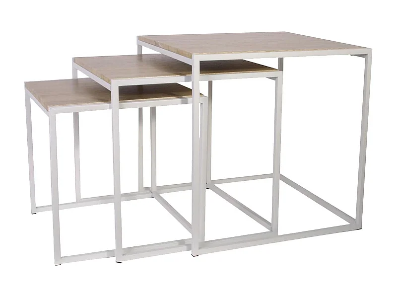 Lot de 3 Tables Gigognes Carrées Effet Bois et Métal Blanc - SCHWET